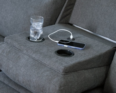 Side-Swipe Reclining Sofa with Drop Down Table - Dayton Discount Furniture