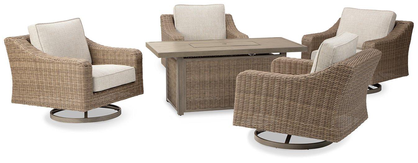 Beachcroft Beachcroft Fire Pit Table with Four Nuvella Swivel Lounge Chairs Outdoor Seating Set Ashley Furniture