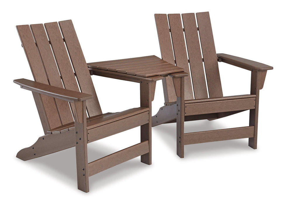 Emmeline Outdoor Adirondack Chairs with Tete-A-Tete Connector Outdoor Table Set Ashley Furniture