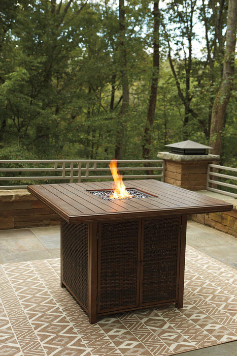 Paradise Trail Bar Table with Fire Pit Outdoor Pub Table w/FP Ashley Furniture