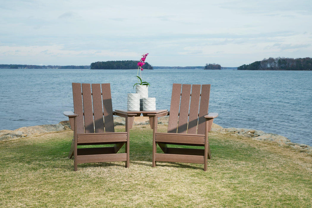 Emmeline Outdoor Adirondack Chairs with Tete-A-Tete Connector Outdoor Table Set Ashley Furniture