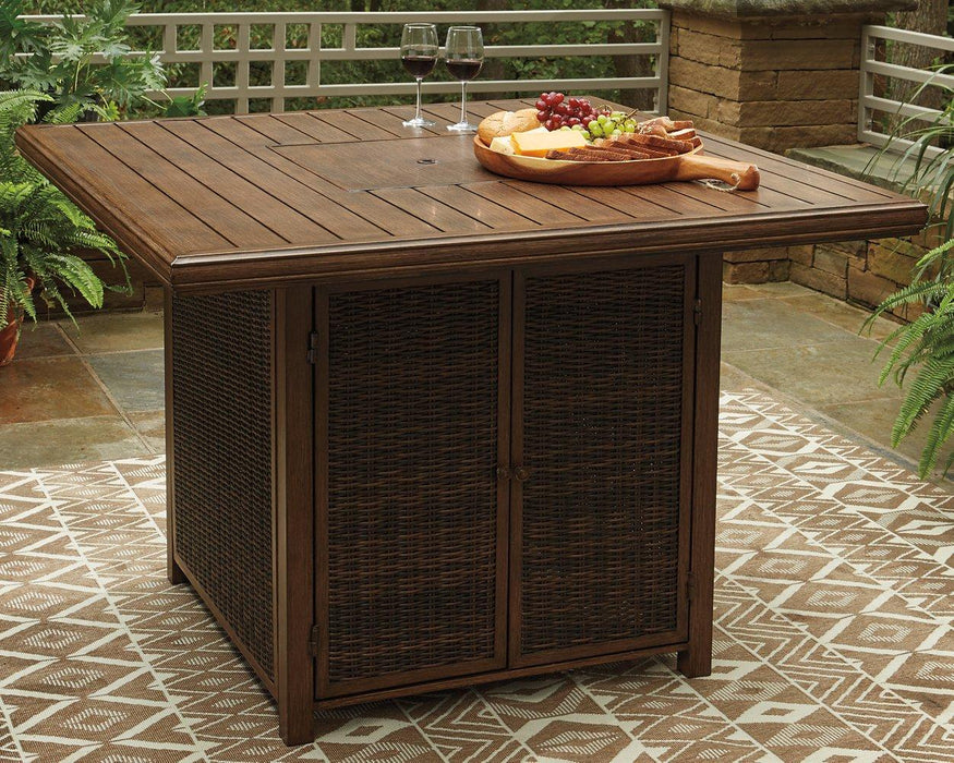 Paradise Trail Bar Table with Fire Pit Outdoor Pub Table w/FP Ashley Furniture