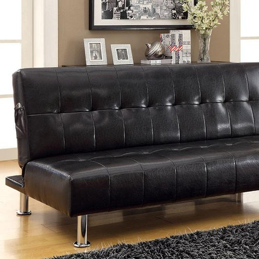 Bulle Black/Chrome Leatherette Futon Sofa, Black Sofa FOA East