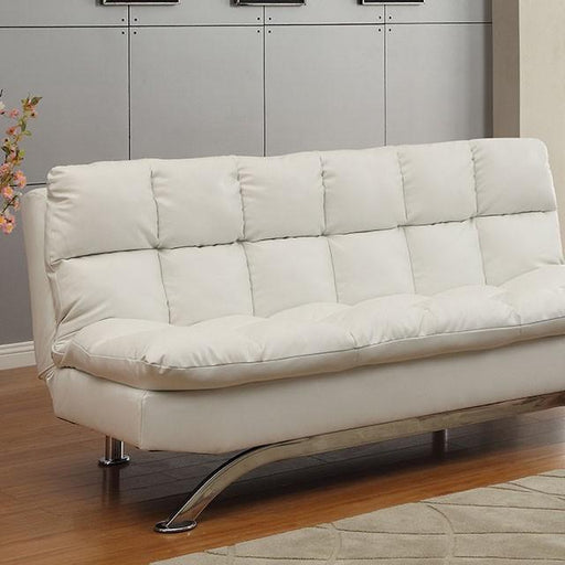 Aristo White/Chrome Futon Sofa, White Sofa FOA East