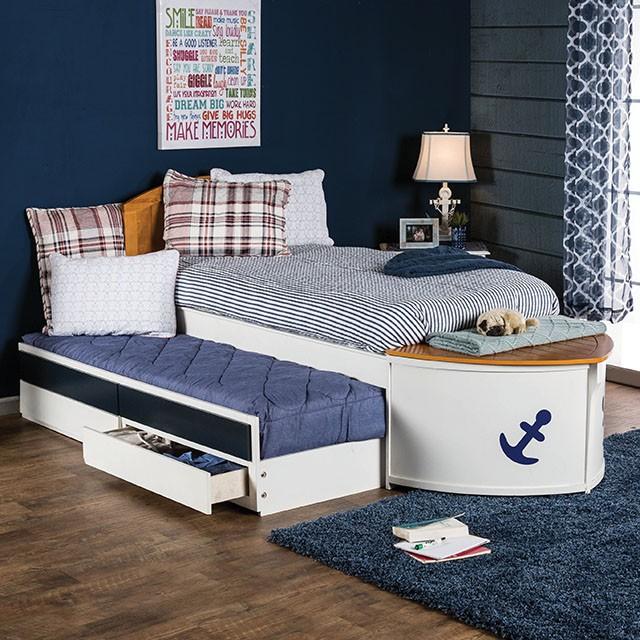 Voyager White/Oak/Navy Blue Twin Bed w/ Trundle + Drawers Bed w/ Trundle FOA East