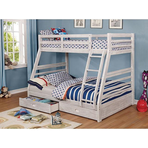 California III Wire-Brushed White Twin/Full Bunk Bed w/ 2 Drawers Bunk Bed FOA East