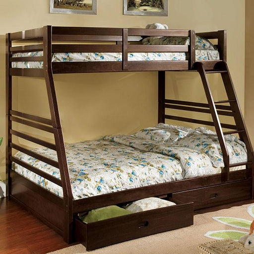 California III Dark Walnut Twin/Full Bunk Bed w/ 2 Drawers Bunk Bed FOA East