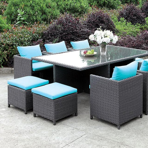 Ashanti Light Brown Wicker/Turquoise Cushion 11 Pc. Patio Dining Table Set Outdoor Dining Room Set FOA East