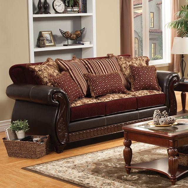 Franklin Burgundy/Espresso Sofa, Burgundy Sofa FOA East