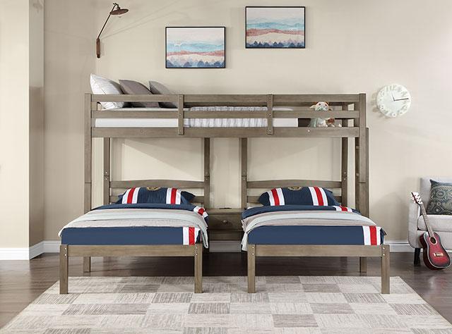 HORTENSE Triple Twin Bunk Bed, W. Gray Bunk Bed FOA East