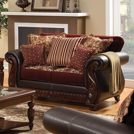 Franklin Burgundy/Espresso Love Seat, Burgundy Loveseat FOA East