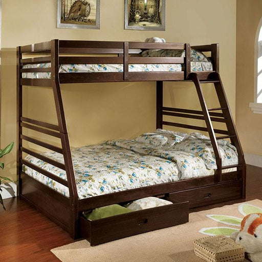 California III Dark Walnut Twin/Full Bunk Bed w/ 2 Drawers Bunk Bed FOA East