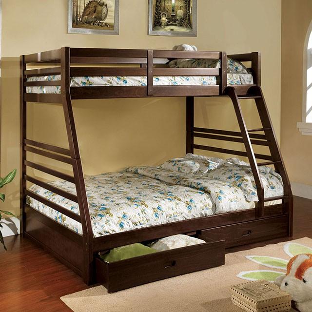 California III Dark Walnut Twin/Full Bunk Bed w/ 2 Drawers Bunk Bed FOA East