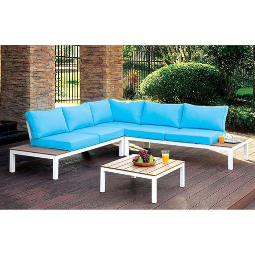 WINONA White/Oak/Blue Patio Sectional w/ Table Outdoor Seating FOA East