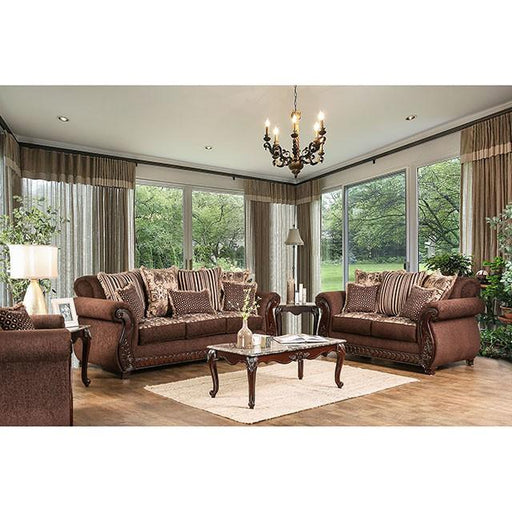 TABITHA Brown Love Seat, Brown Loveseat FOA East