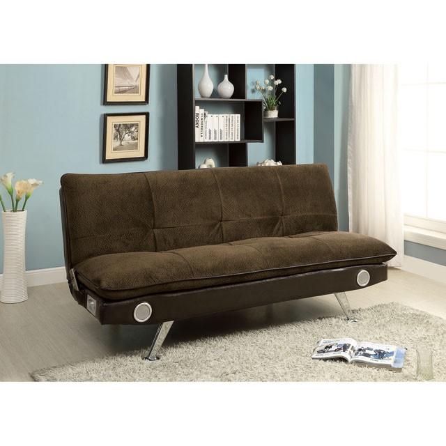 GALLAGHER Dark Brown/Chrome Futon Sofa w/ Bluetooth Speaker, Brown Sofa FOA East