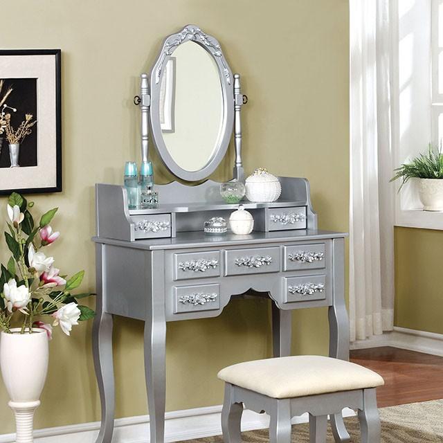 Harriet Silver Vanity w/ Stool Vanity FOA East