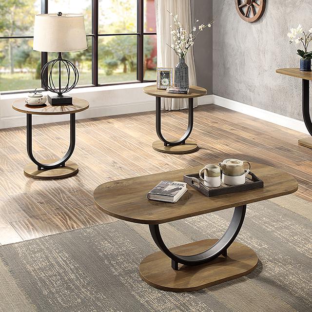 OLBIA 3 Pc. Coffee Table Set (1C+2E), Rustic Oak/Sand Black Table Set FOA East