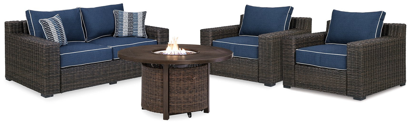 Grasson Lane Grasson Lane Nuvella Loveseat and 2 Lounge Chairs with Fire Pit Table Outdoor Table Set Ashley Furniture