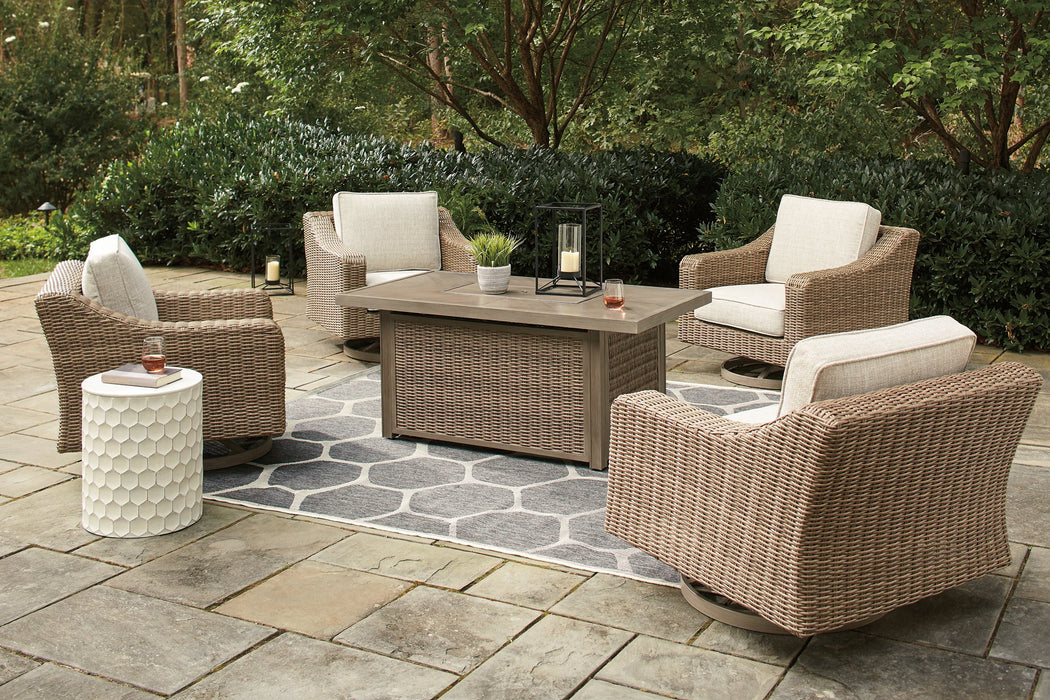 Beachcroft Beachcroft Fire Pit Table with Four Nuvella Swivel Lounge Chairs Outdoor Seating Set Ashley Furniture